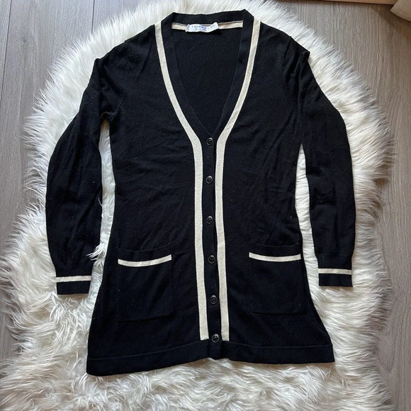 Trina Turk Cardigan Cashmere Silk Wool Black/cream Striped Pockets Sweater Sz M - Picture 1 of 9